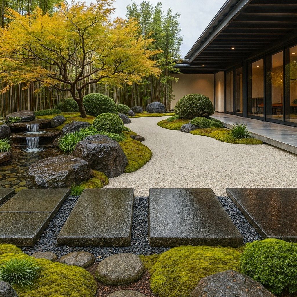 A serene Zen garden with raked white gravel, mossy rocks, and a small waterfall near a modern house.