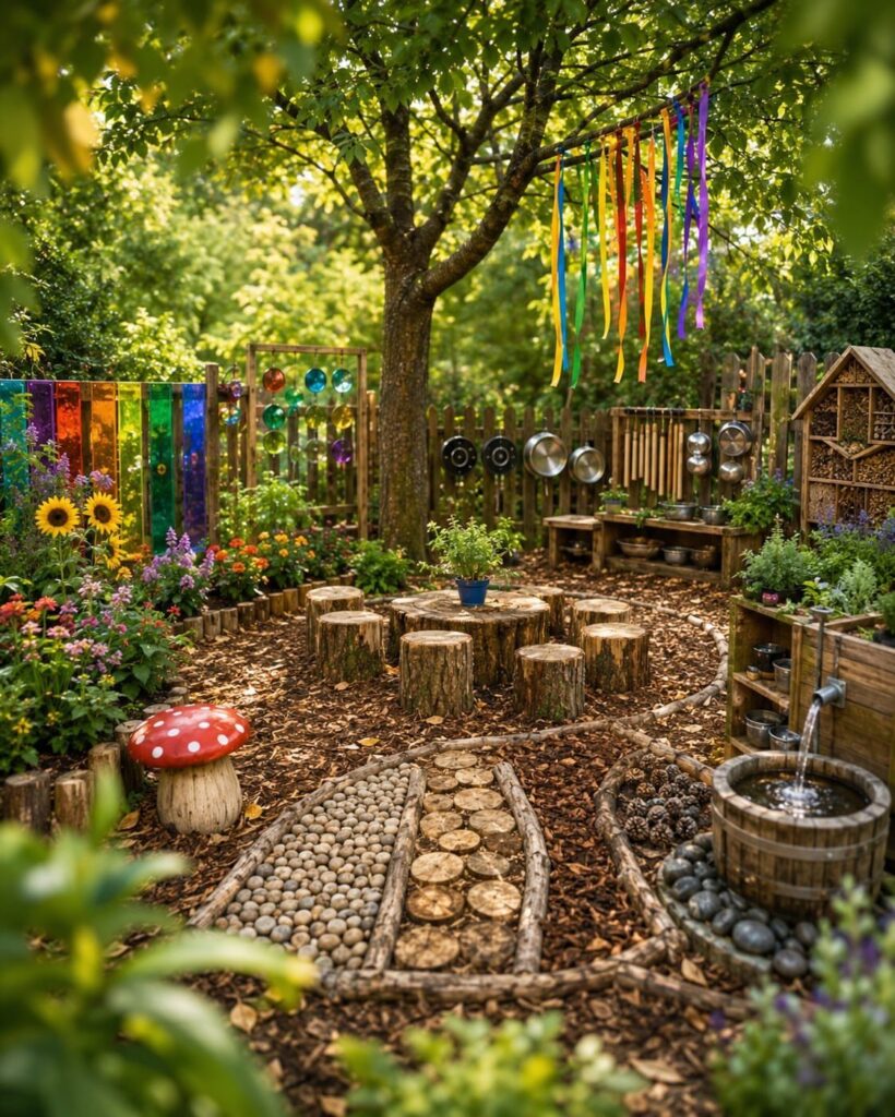 A vibrant sensory garden with colorful ribbons, textured paths, and a small water feature.