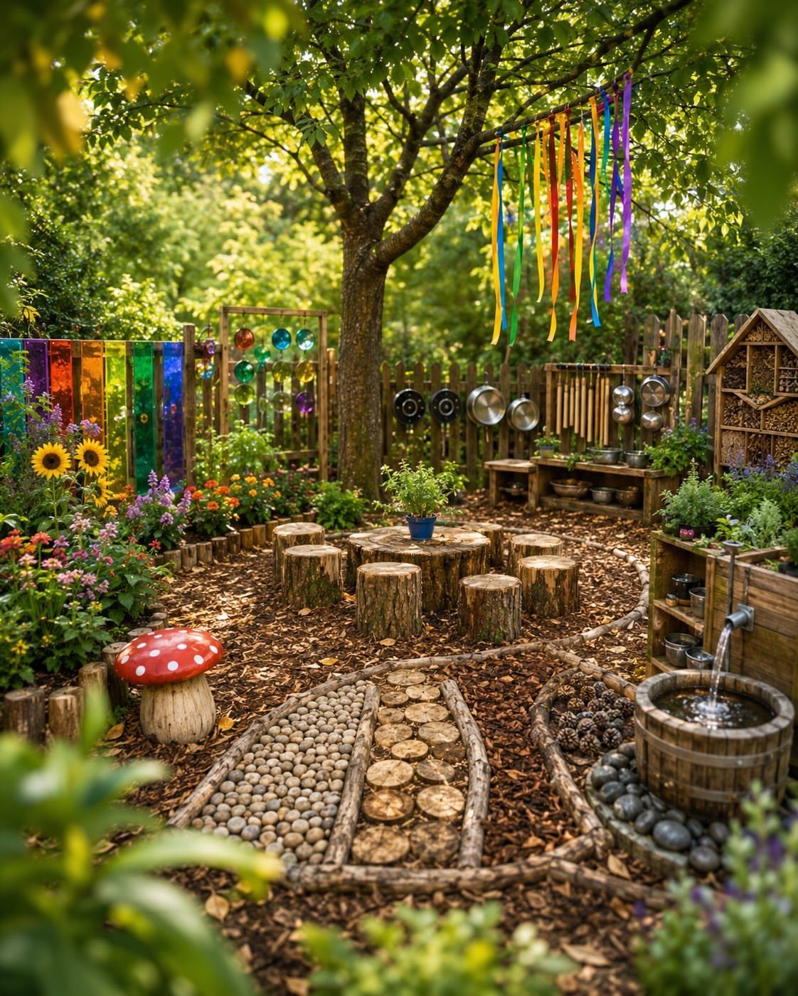A vibrant sensory garden with colorful ribbons, textured paths, and a small water feature.