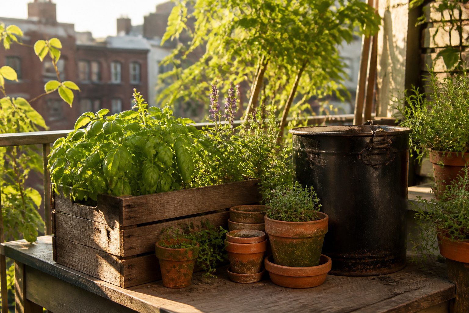 Pots of basil, mint, and chives on a bright windowsill.
