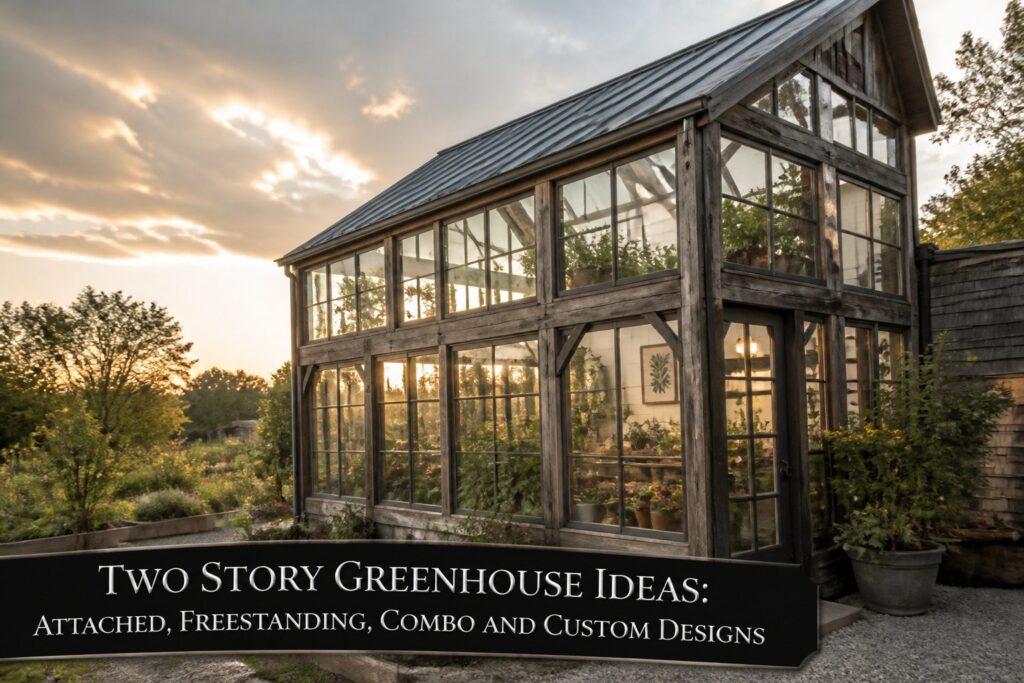 A collection of different two story greenhouse designs and styles.