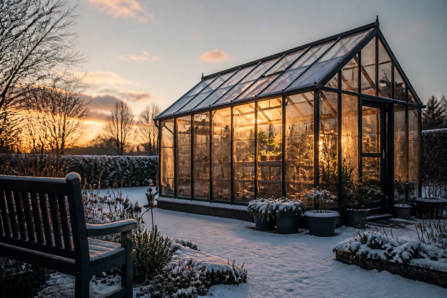A sturdy greenhouse with clean panels and tools nearby.